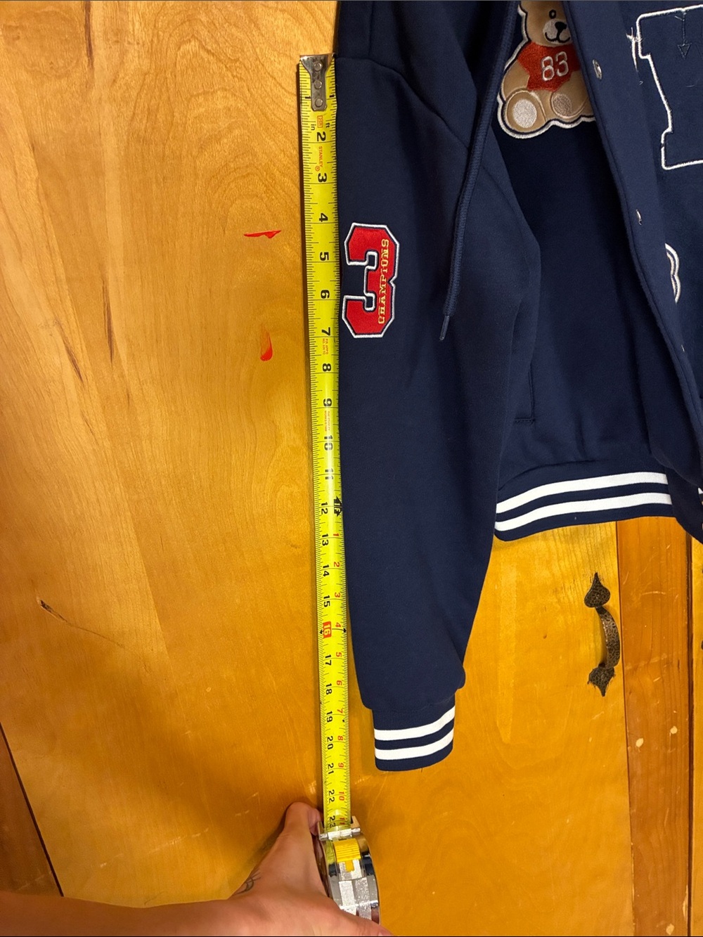 Forever 21 Kids Navy Hooded Varsity Jacket with Teddy & NYC Patches - Picture 7 of 10